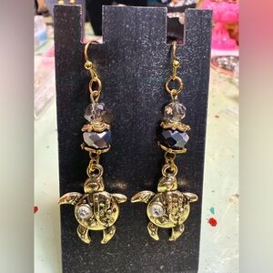 Artisan Steampunk Gold tone Turtle & crystal bead Dangle Earrings